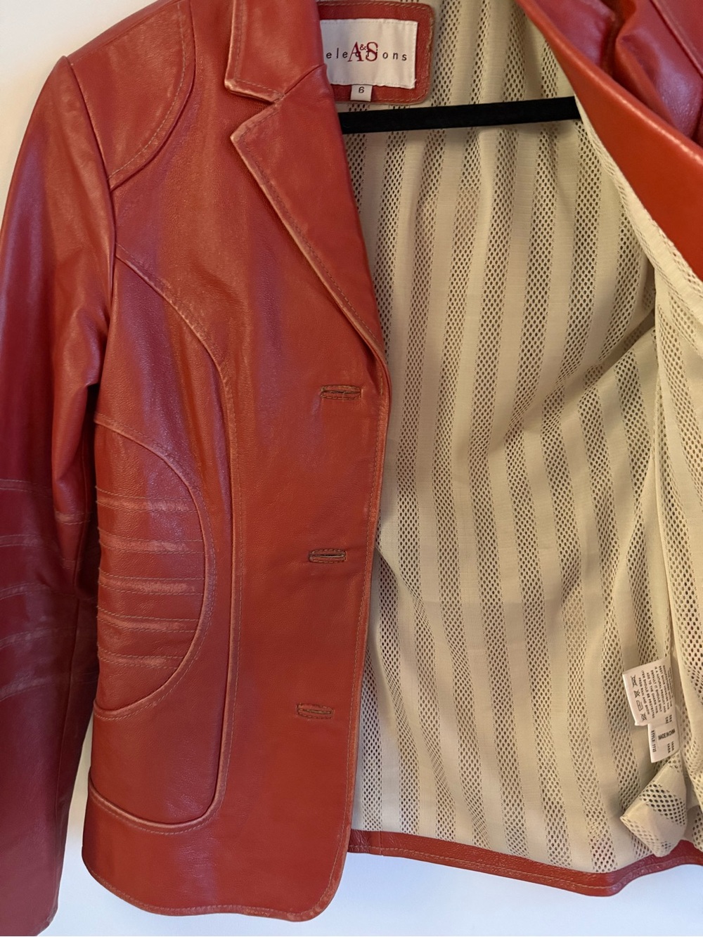 Vintage Y2K Rust Orange Leather Fitted Blazer Moto Jacket Size 6 - Picture 7 of 14